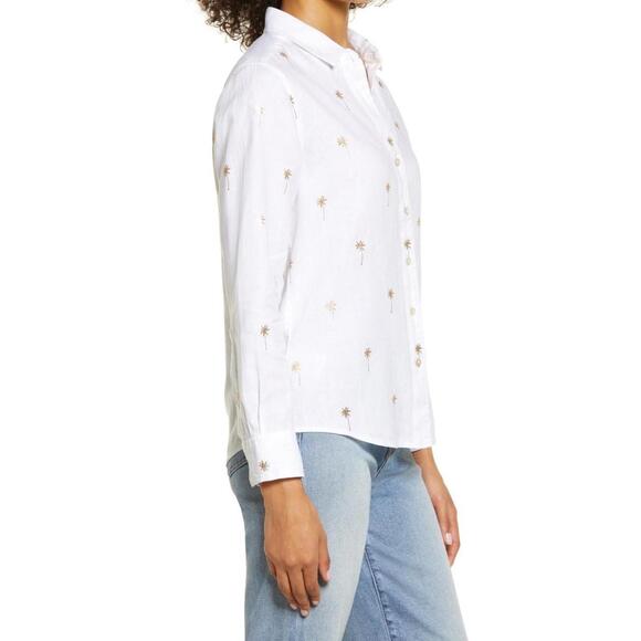 TOMMY BAHAMA Women’s Beach Daze Palm Trees Linen Shirt In White Gold Palm-Small - Picture 2 of 12